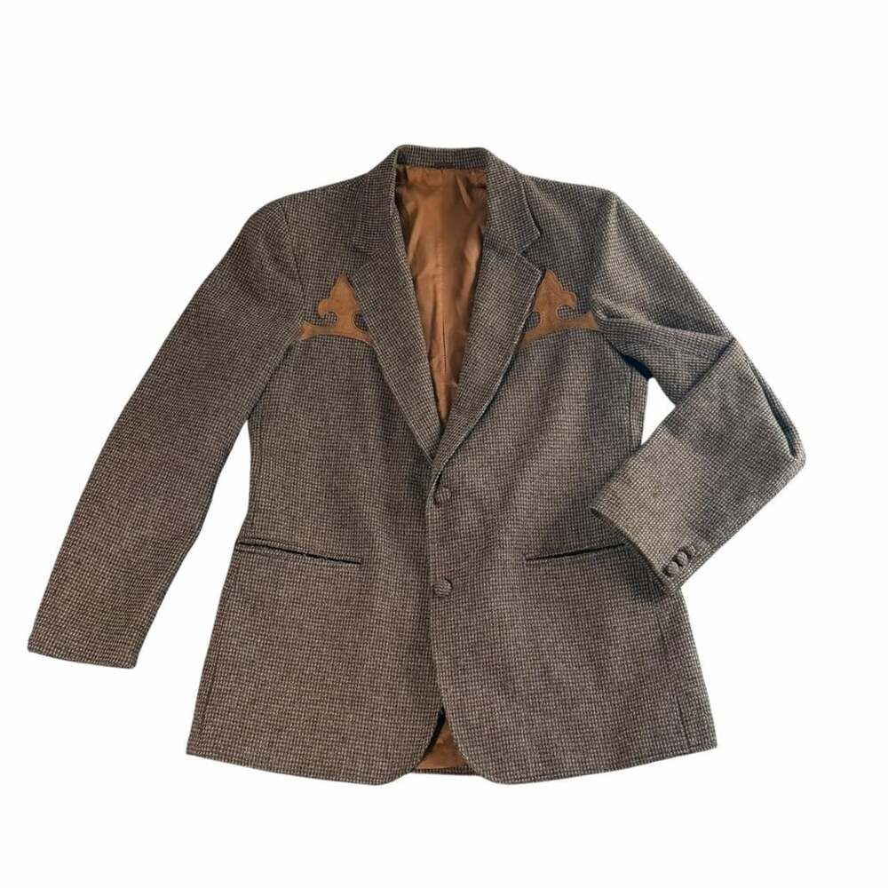 J. Bully Pioneer Wear Western Tweed Blazer Size 42 Leather Trim